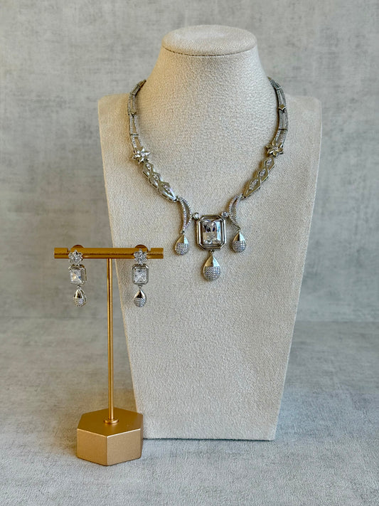 Ayura Designs Estrella Set with Necklace & Earrings – Silver Finish, Moissanite-Inspired Stones and Teardrop Charms