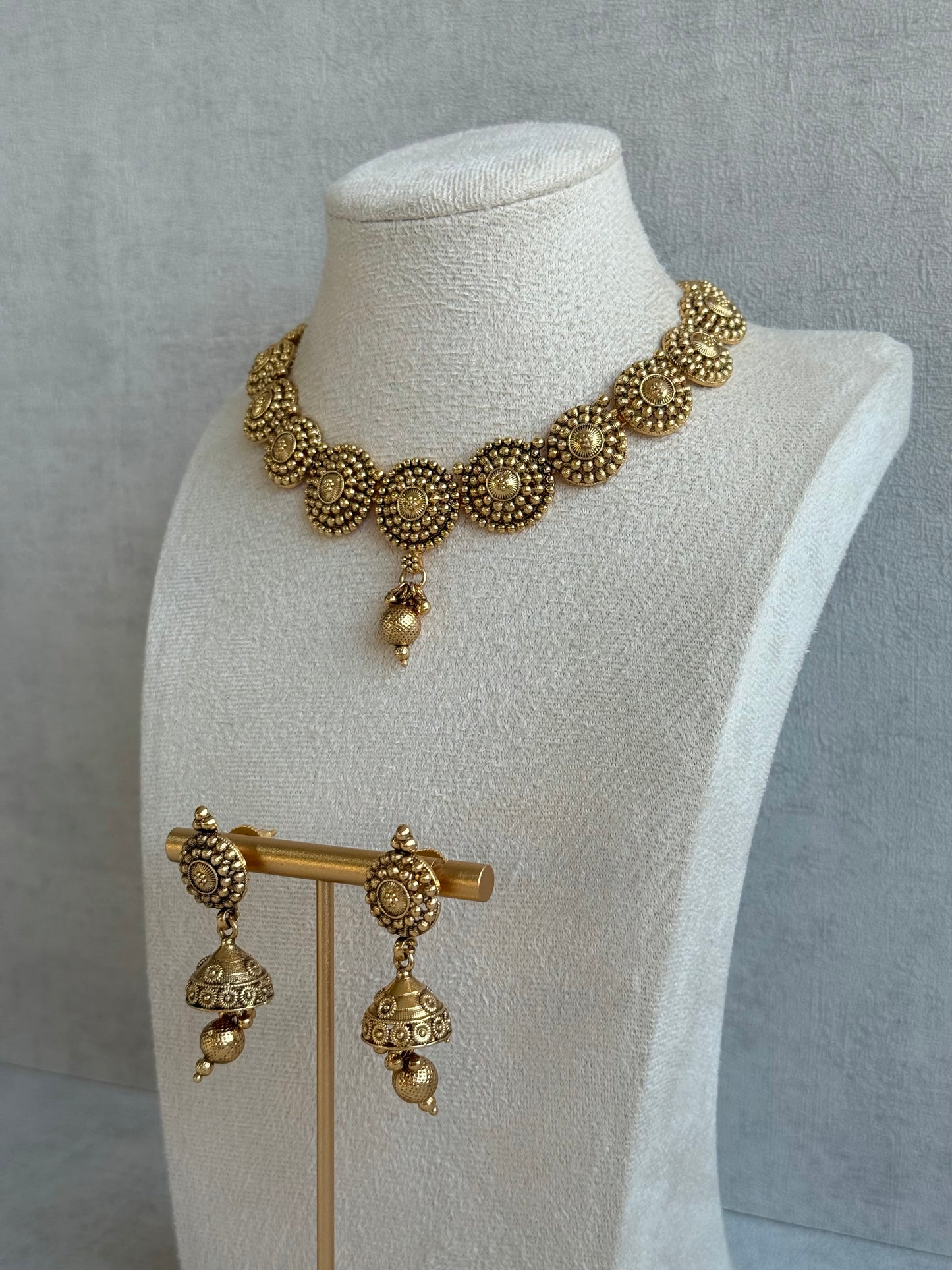 Ayura Designs Reet Set with Necklace & Jhumkis – Antique Gold with Textured Floral Motifs & Dome Drops