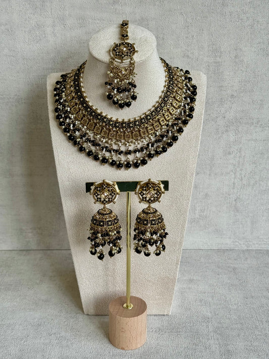 Ayura Designs Diya Set with Jhumkis & Tikka – in Midnight Blue, Antique Gold & Pearl Detailing