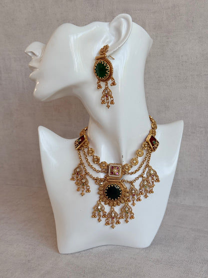 Ayura Designs Bolavi Necklace Set with Earrings – Green Stones, Kundan & Ghungroo Detailing