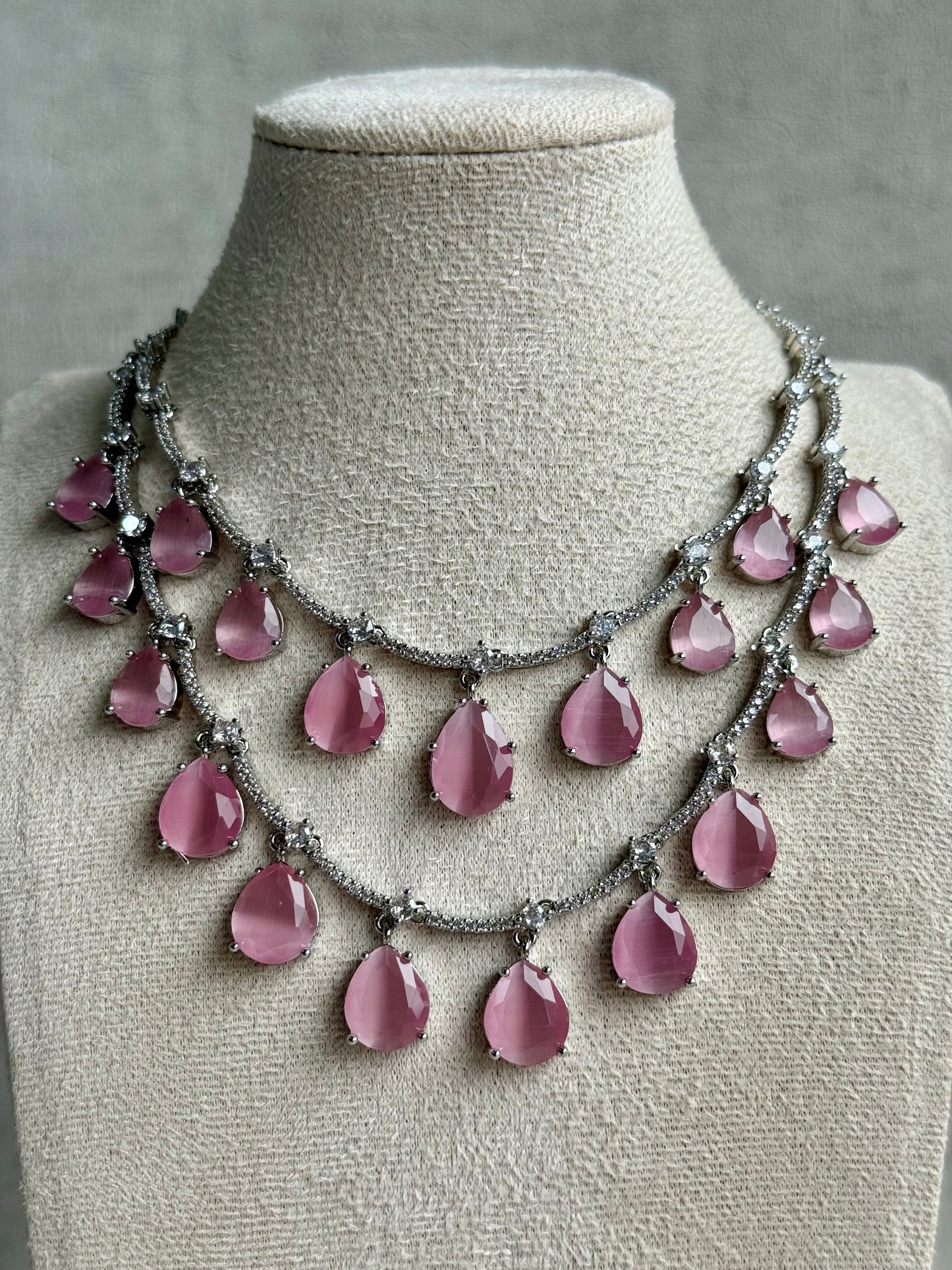 Ayura Designs Nida Set with Necklace & Earrings – Blush Pink Stones, Diamond-Cut Accents & Silver Finish