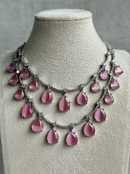 Ayura Designs Nida Set with Necklace & Earrings – Blush Pink Stones, Diamond-Cut Accents & Silver Finish