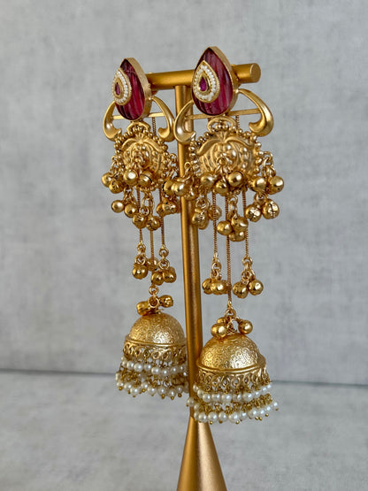 Ayura Designs Prisha Earrings – Antique Gold Jhumkas with Ruby Red Studs, Pearl Detailing & Long Dangling Chains