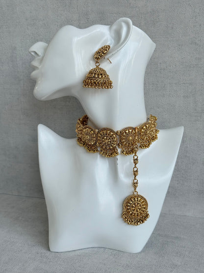 Ayura Designs Nawabi Choker Set with Jhumkis & Tikka – Traditional Gold Tone Bridal Choker with Floral Motifs & Ghungroo Detailing