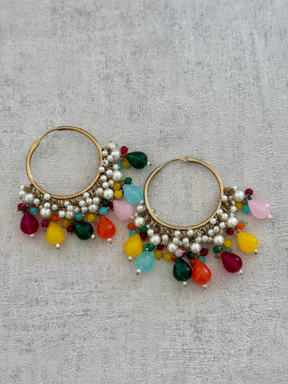 Ayura Designs Jhanak Balis – Multicolor Gemstone & Pearl Hoops