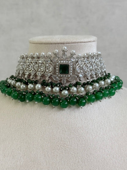 Ayura Designs Sarwat Choker Set – Emerald Green Stones, Ivory Pearl Drops & Antique Silver Finish