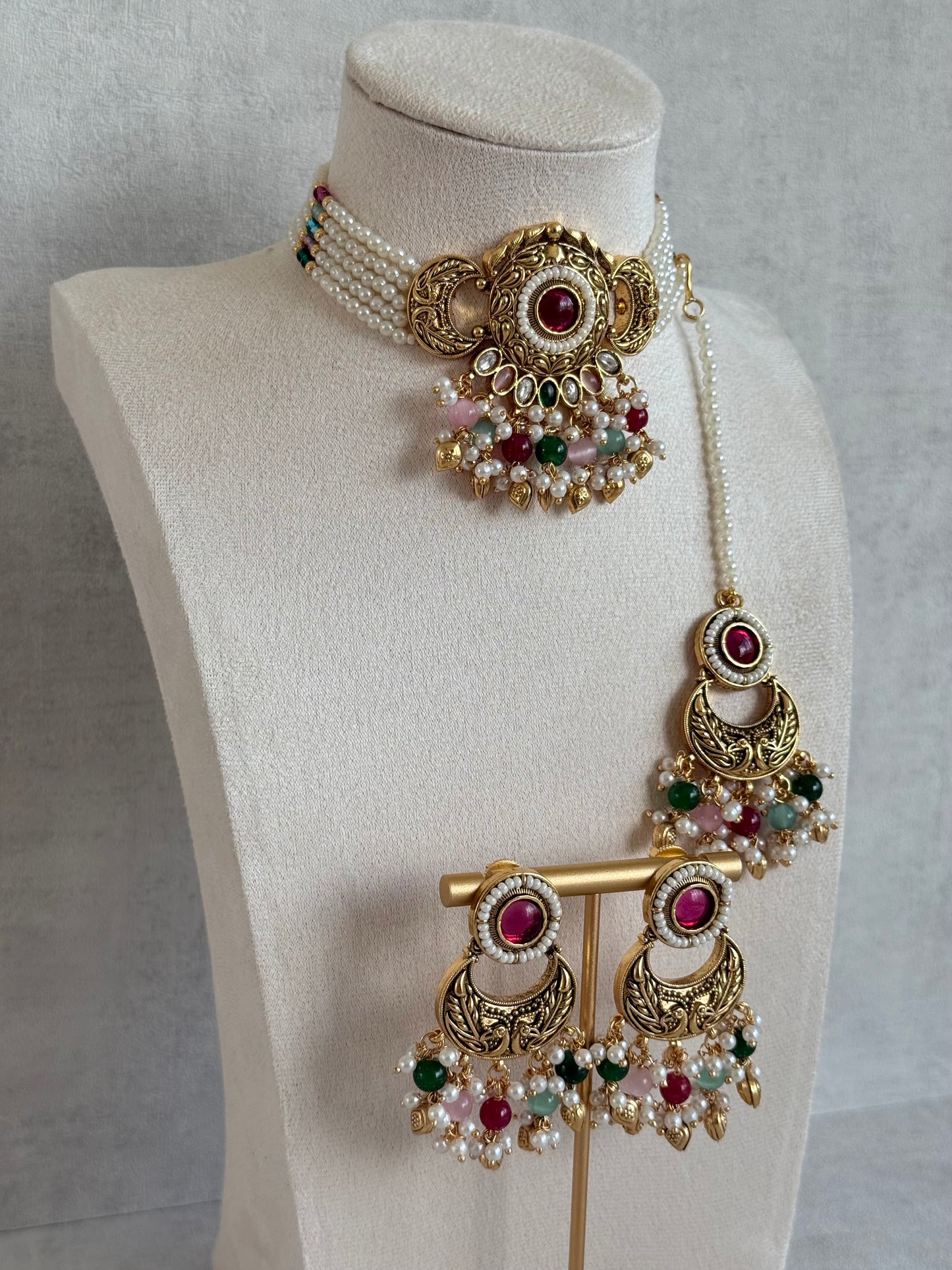 Ayura Designs Mehr Choker Set with Earrings & Tikka – Multicolour Beads, Ruby Pink Centre Stones, Pearl Strands & Antique Gold Finish