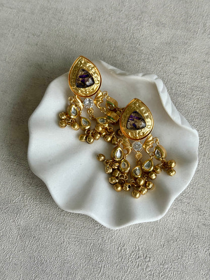 Ayura Designs Arheer Earrings – Violet & Gold Marble with Kundan Detailing & Antique Gold Ghungroos