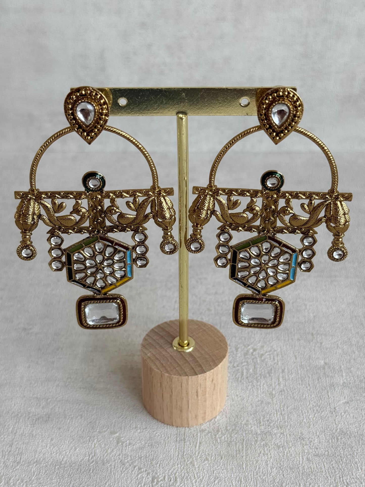 Ayura Designs Irene Earrings – Multicolour Kundan, Meenakari & Crystal Peacock Chandeliers in Gold