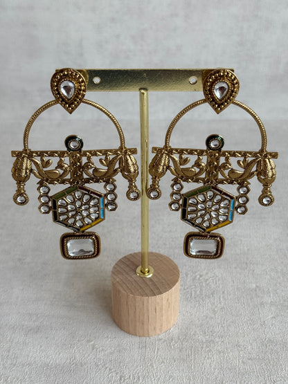 Ayura Designs Irene Earrings – Multicolour Kundan, Meenakari & Crystal Peacock Chandeliers in Gold