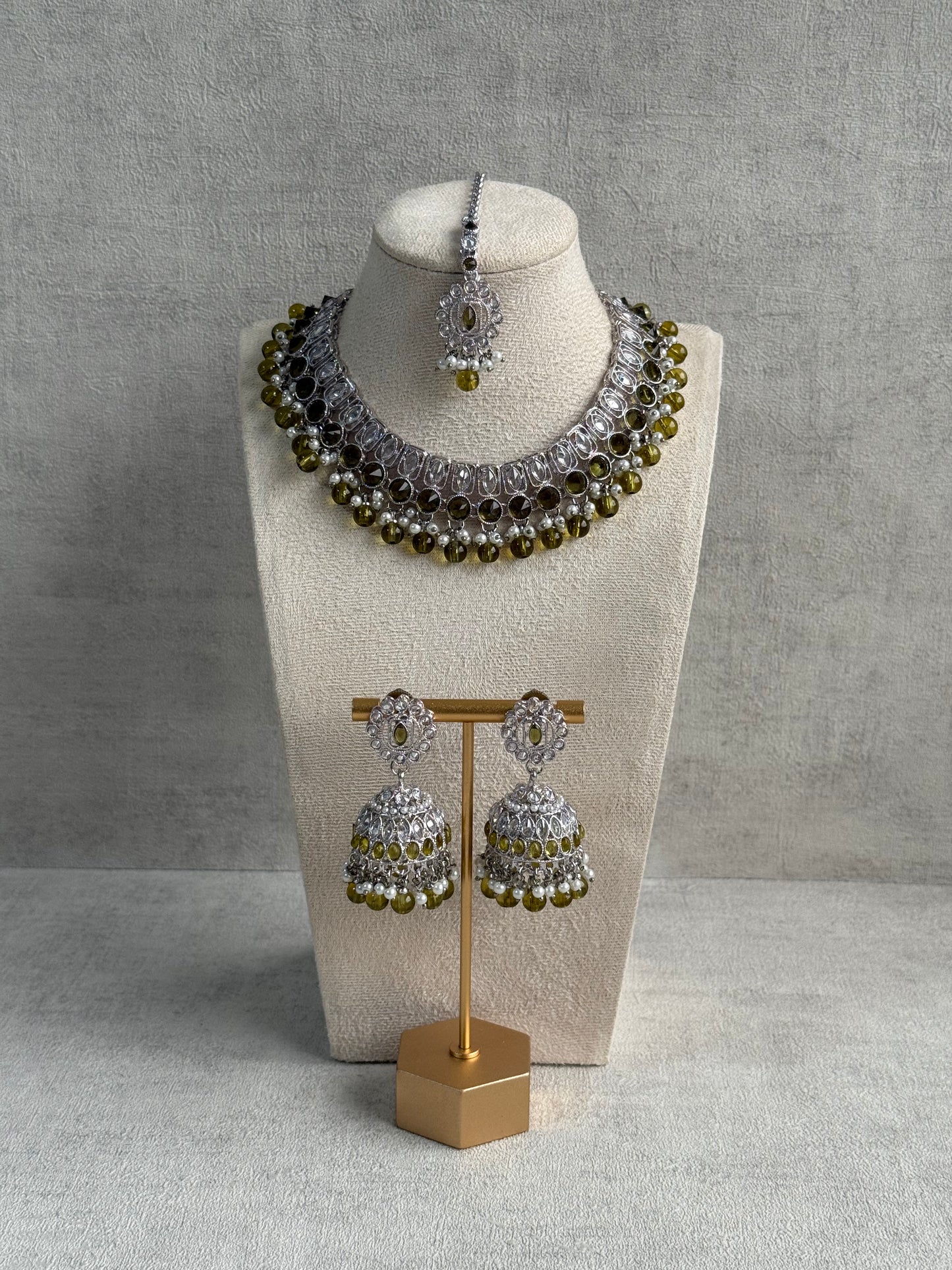 Ayura Designs Rayal Set – Silver Necklace, Jhumkis & Tikka with Olive Green Stones & Pearl Detailing