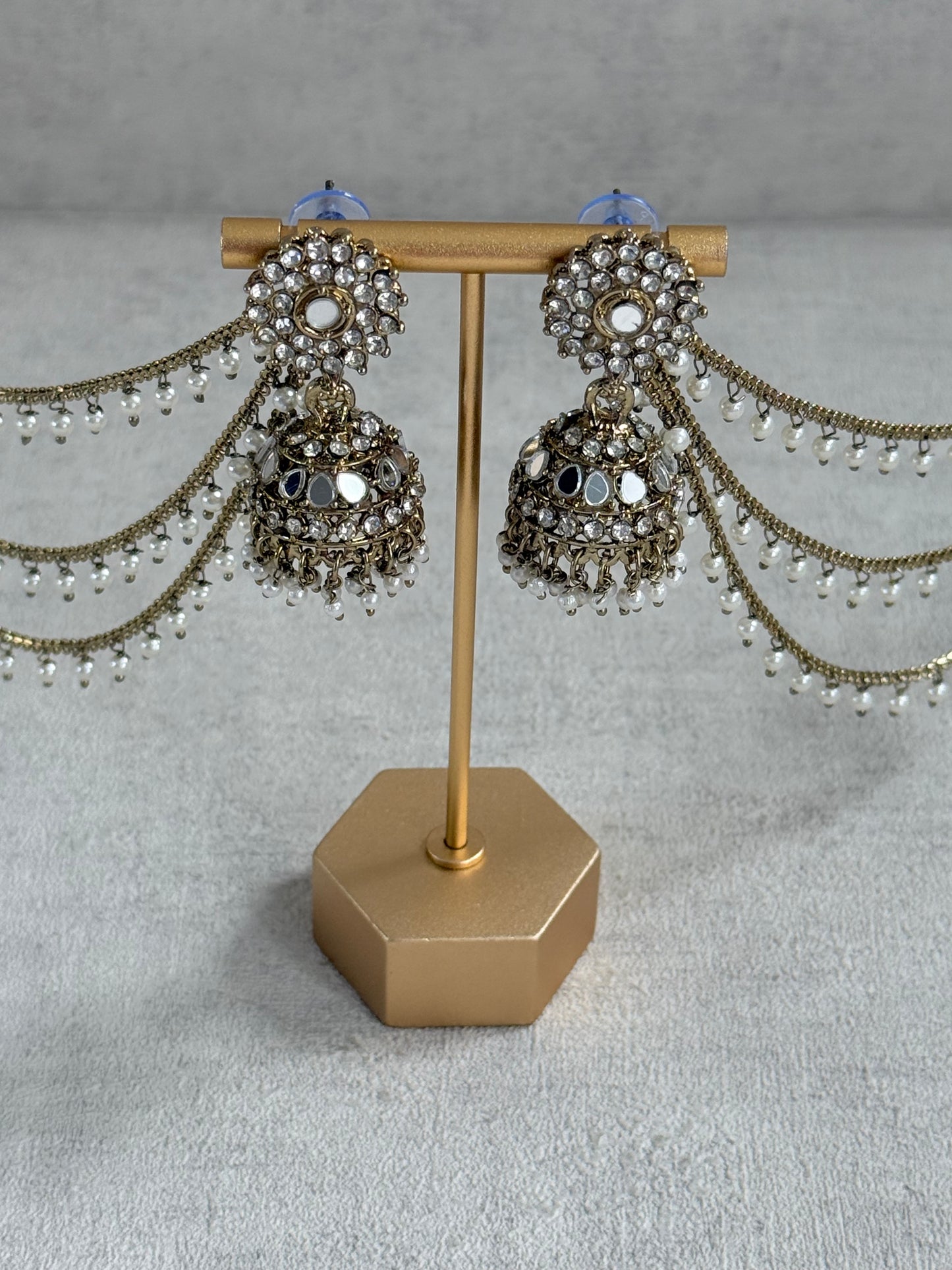 Ayura Designs Aks-e-Noor Jhumkis – Antique Gold Mirror & Crystal Earrings with Detachable Triple-Layer Pearl Sahare