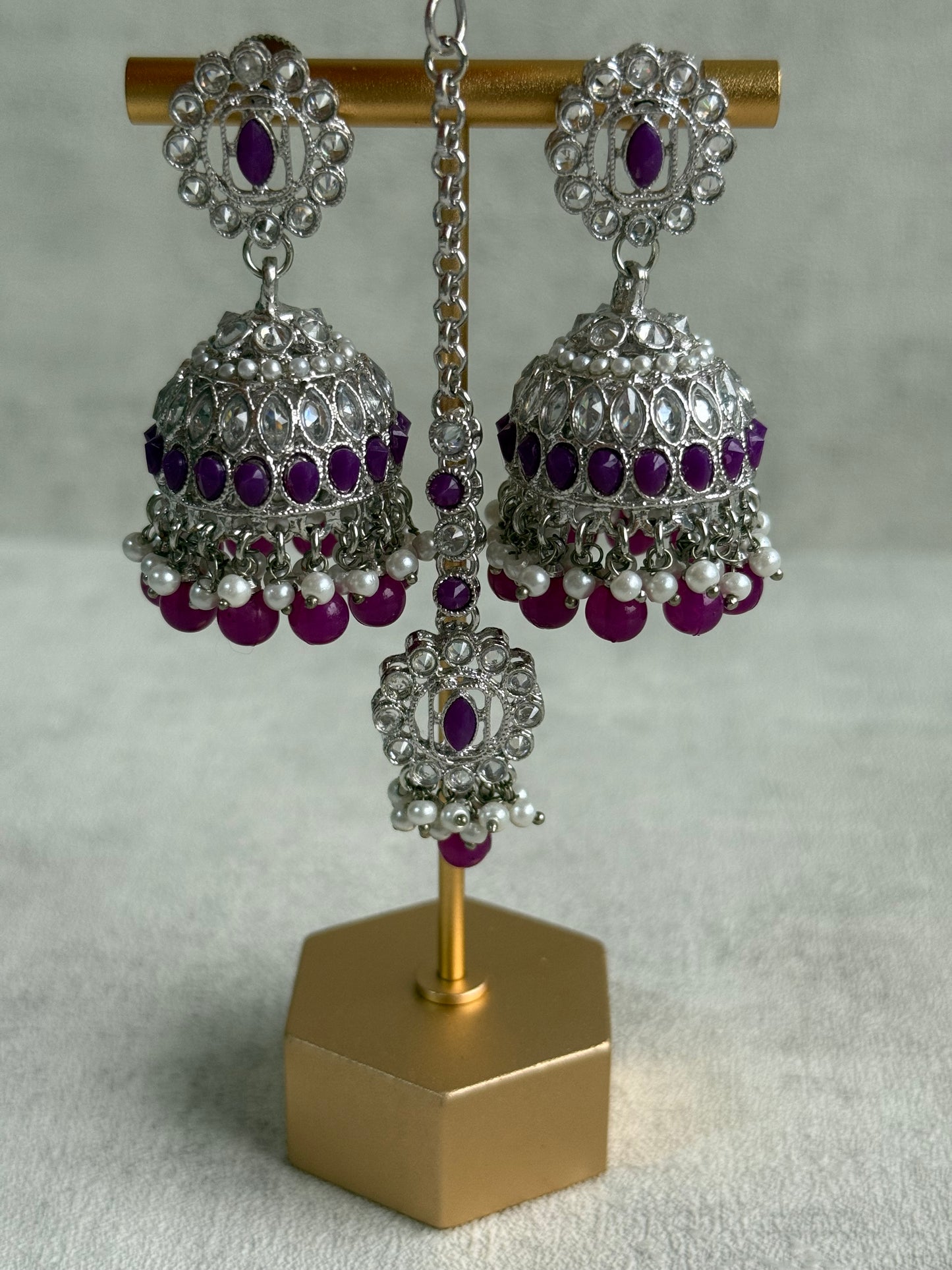 Ayura Designs Rayal Set – Silver Necklace, Jhumkis & Tikka with Amethyst Purple Stones & Pearl Detailing