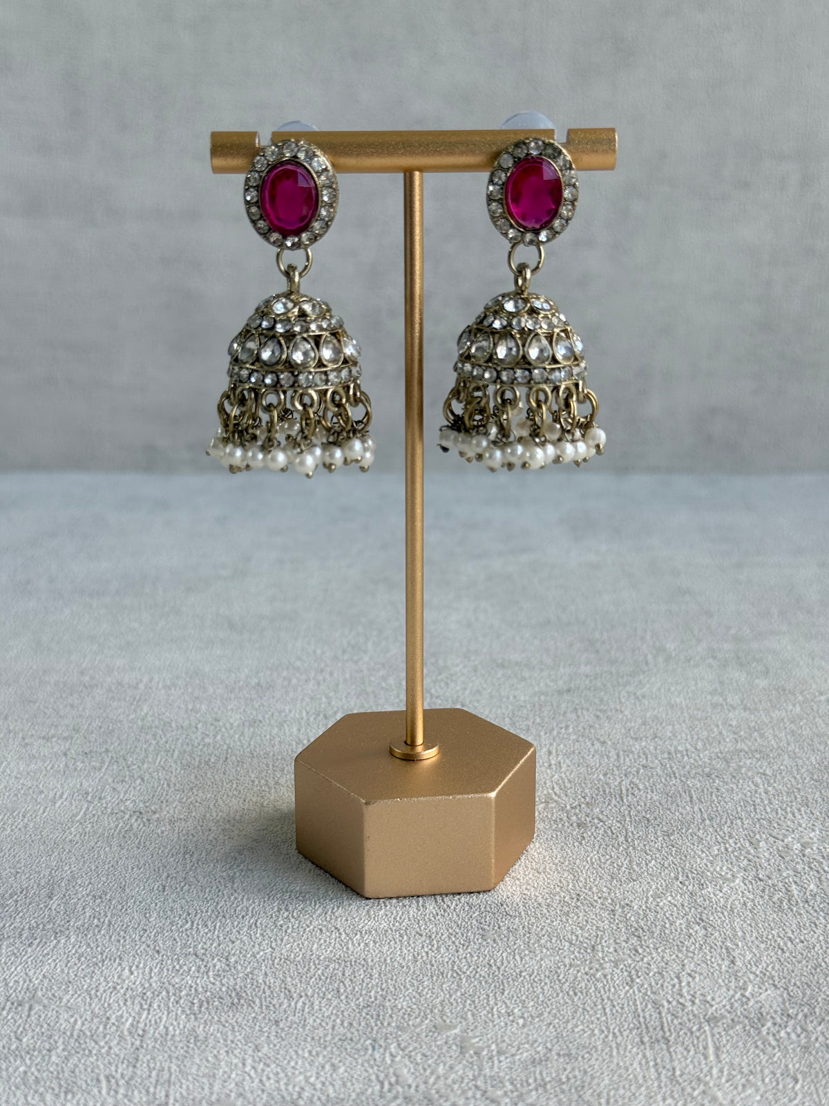 Ayura Designs Eira Necklace Set with Earrings & Tikka – Rani Pink & Crystal Stones with Antique Gold Finish