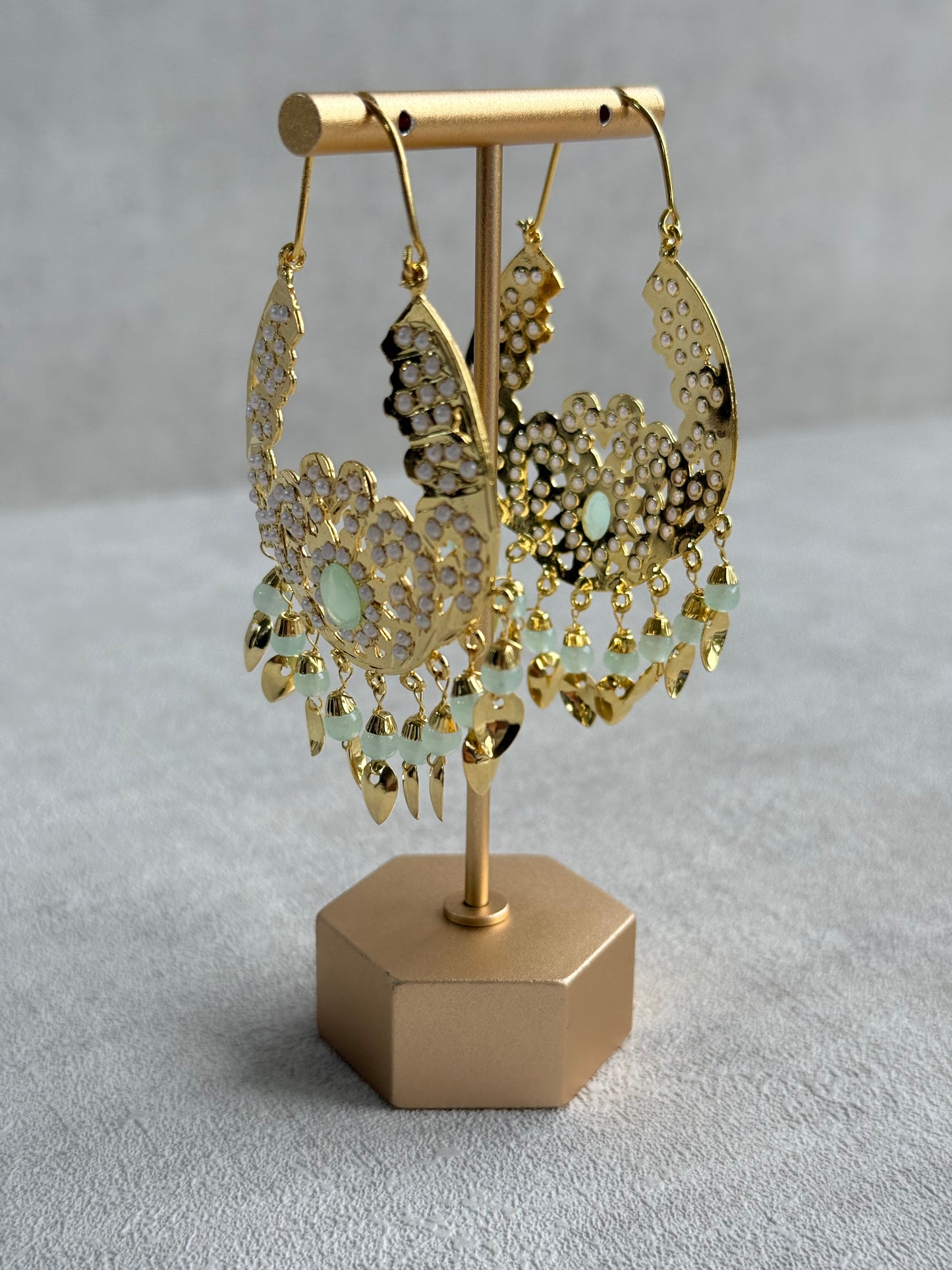 Ayura Designs Nimrat Balis – Mint Green & Ivory Pearls with Pippal Patti & Gold Finish