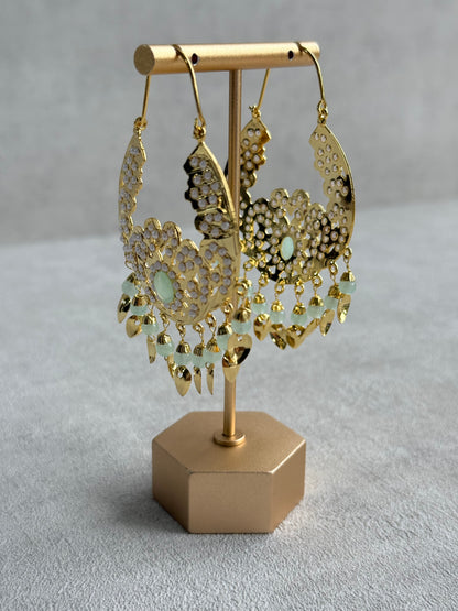 Ayura Designs Nimrat Balis – Mint Green & Ivory Pearls with Pippal Patti & Gold Finish