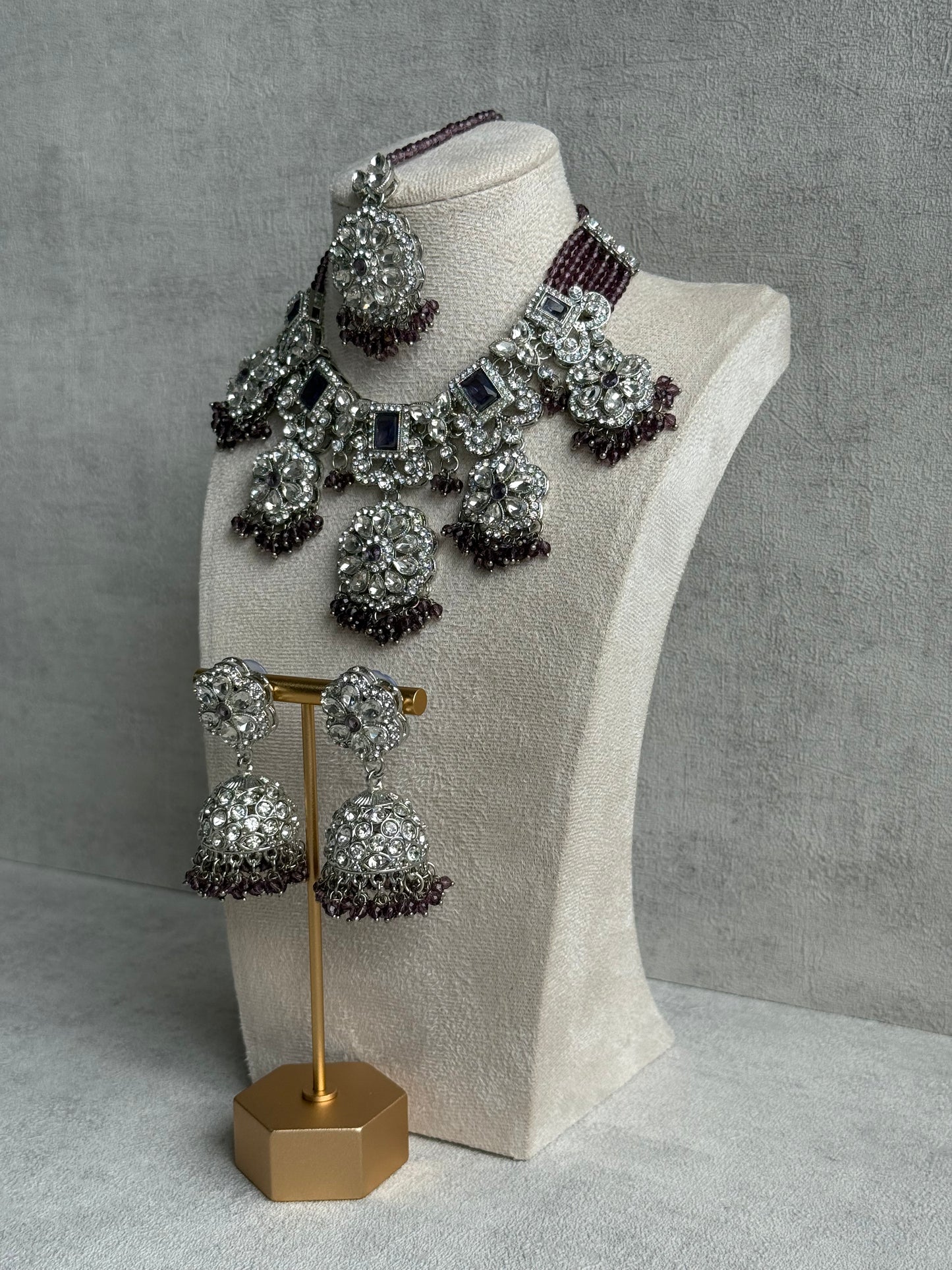 Ayura Designs Zarghuna Set with Jhumkis & Tikka – Mauve Beads, Mirror-Cut Stones & Silver Finish