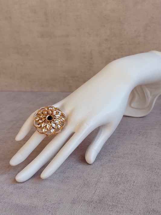 Ayura Designs Elisa Adjustable Ring – Moissanite Floral Ring with Emerald Green Centre & Crystal Border