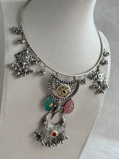 Ayura Designs Jiyana Collar Necklace Set – Blush Pink & Aqua Green Carved Teardrop Stones & Oxidised Silver Finish