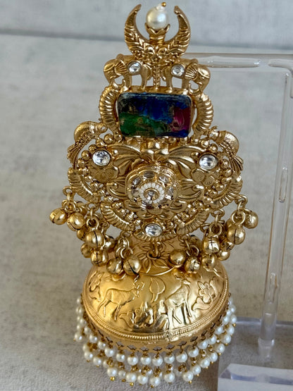 Ayura Designs Adeeba Earrings – Antique Gold Temple Jhumkas with Multicolour Stone Accent & Pearl Drops