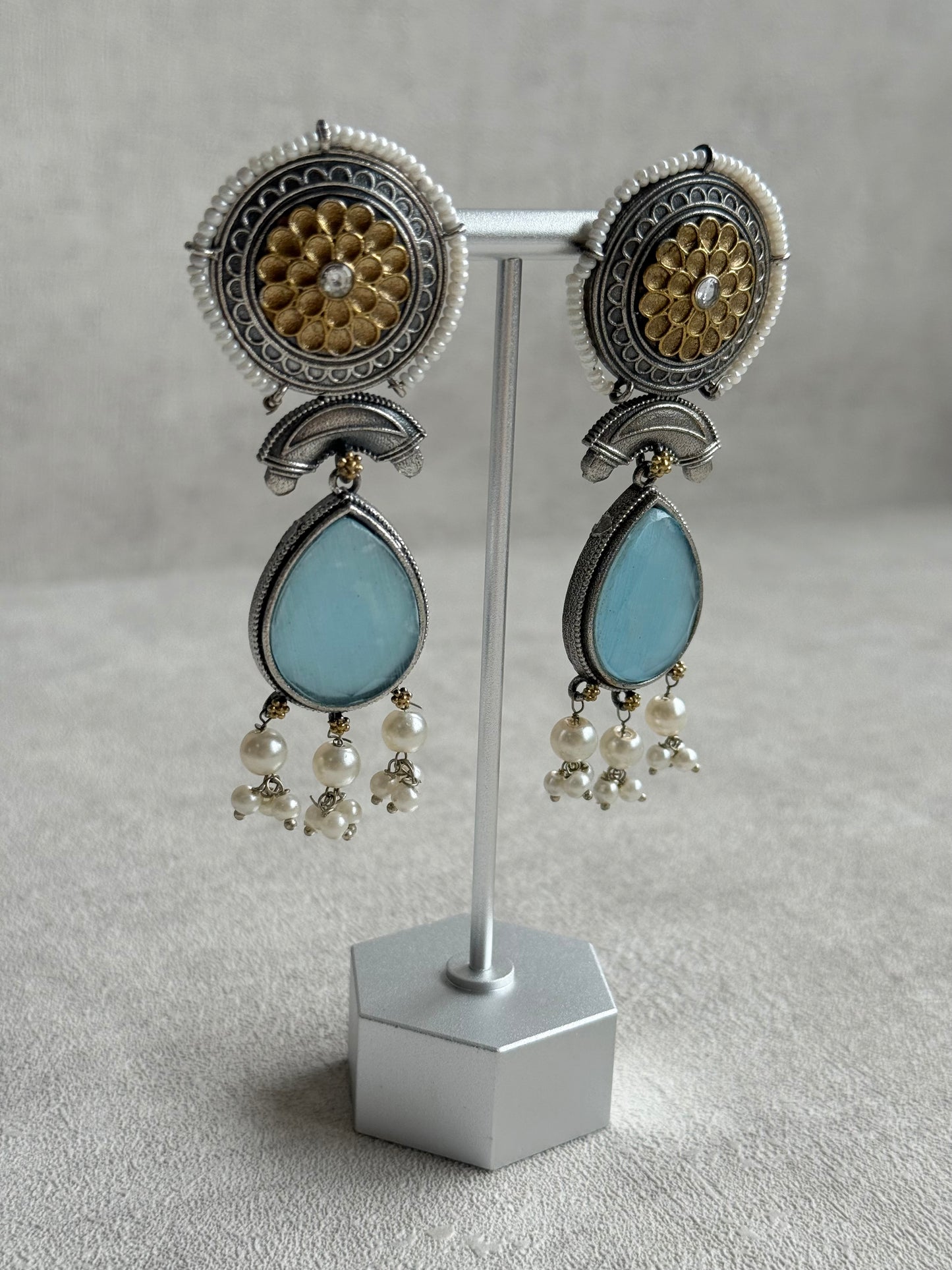 Ayura Designs Nazm Earrings – Dual Tone Oxidised Statement Earrings with Aqua Blue Stones & Pearl Clusters