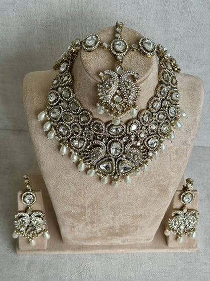 Ayura Designs Tajdar Bridal Set with Necklace, Jhumkis, Tikka, Nath, Ring & Sheeshphool – Jadau Kundan Craftsmanship with Mirror-Cut Polki, Ivory Pearl Drops & Antique Silver-Gold Finish