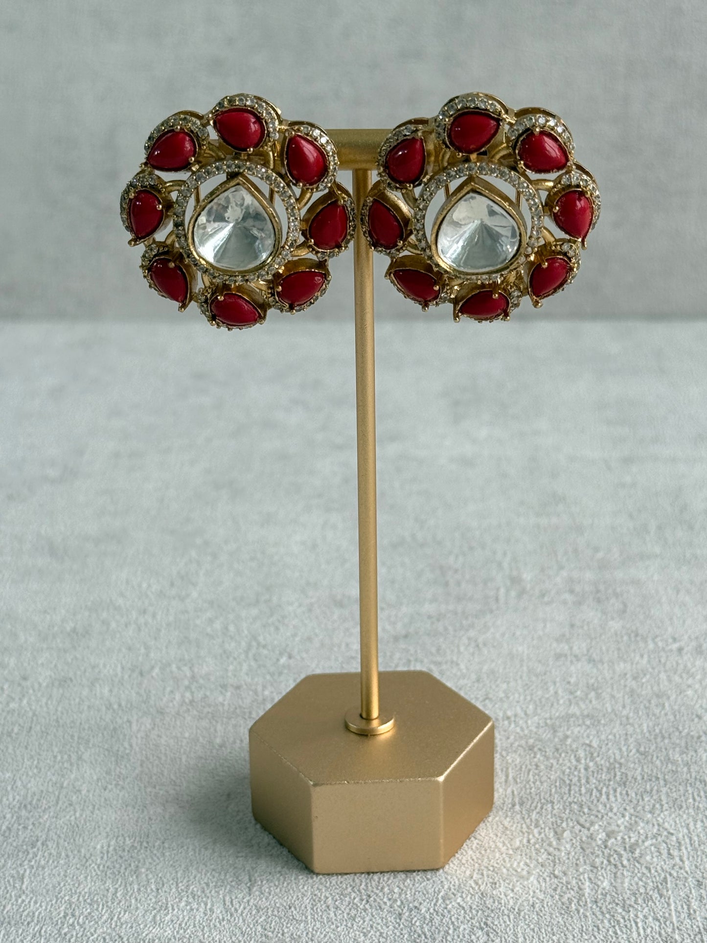 Ayura Designs Giana Stud Earrings – Ruby Red & Crystal Kundan with Gold Finish