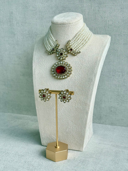 Ayura Designs Amaya Necklace Set with Studs – Antique Finish in Ruby Red Stones with Pearl Strands