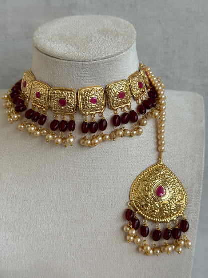 Ayura Designs Chetna Choker Set with Earrings & Tikka – Maroon Beads, Cream Pearl Drops with Pipal Patti Detailing