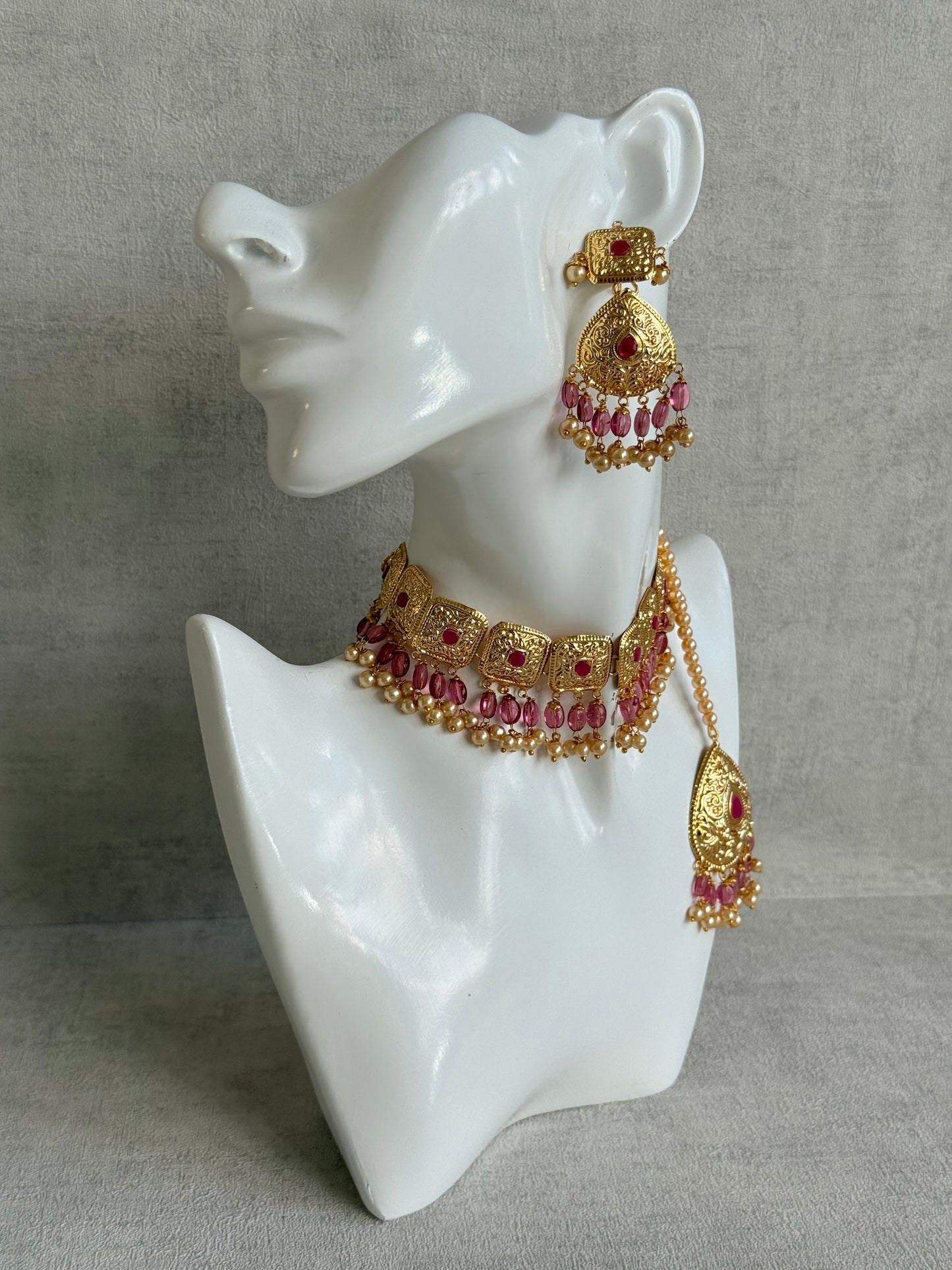 Ayura Designs Chetna Choker Set with Earrings & Tikka – Rani Pink Beads, Cream Pearl Drops with Pipal Patti Detailing