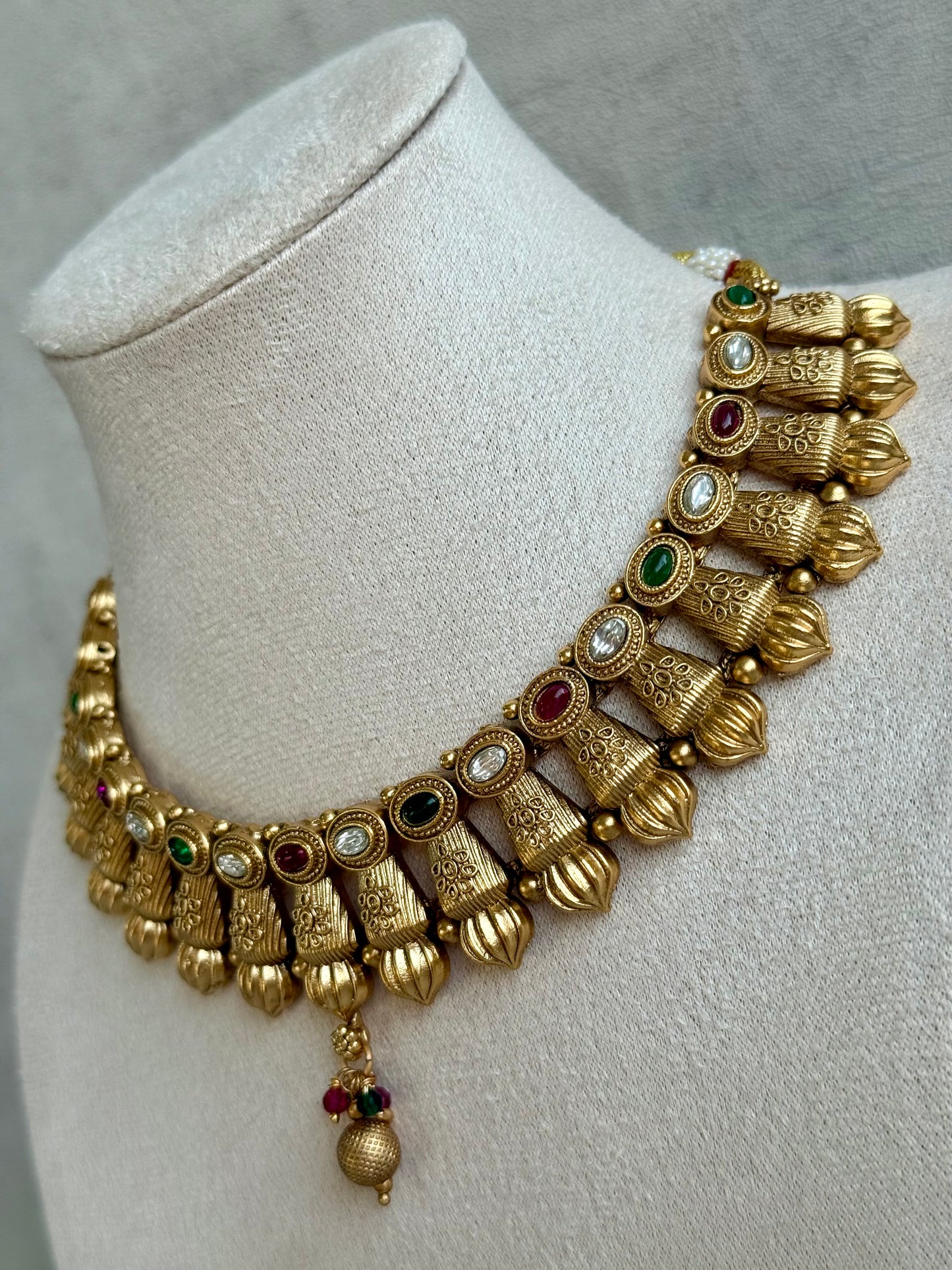 Ayura Designs Aima Necklace Set with Earrings – Antique Gold with Rani Pink & Emerald Green Stones