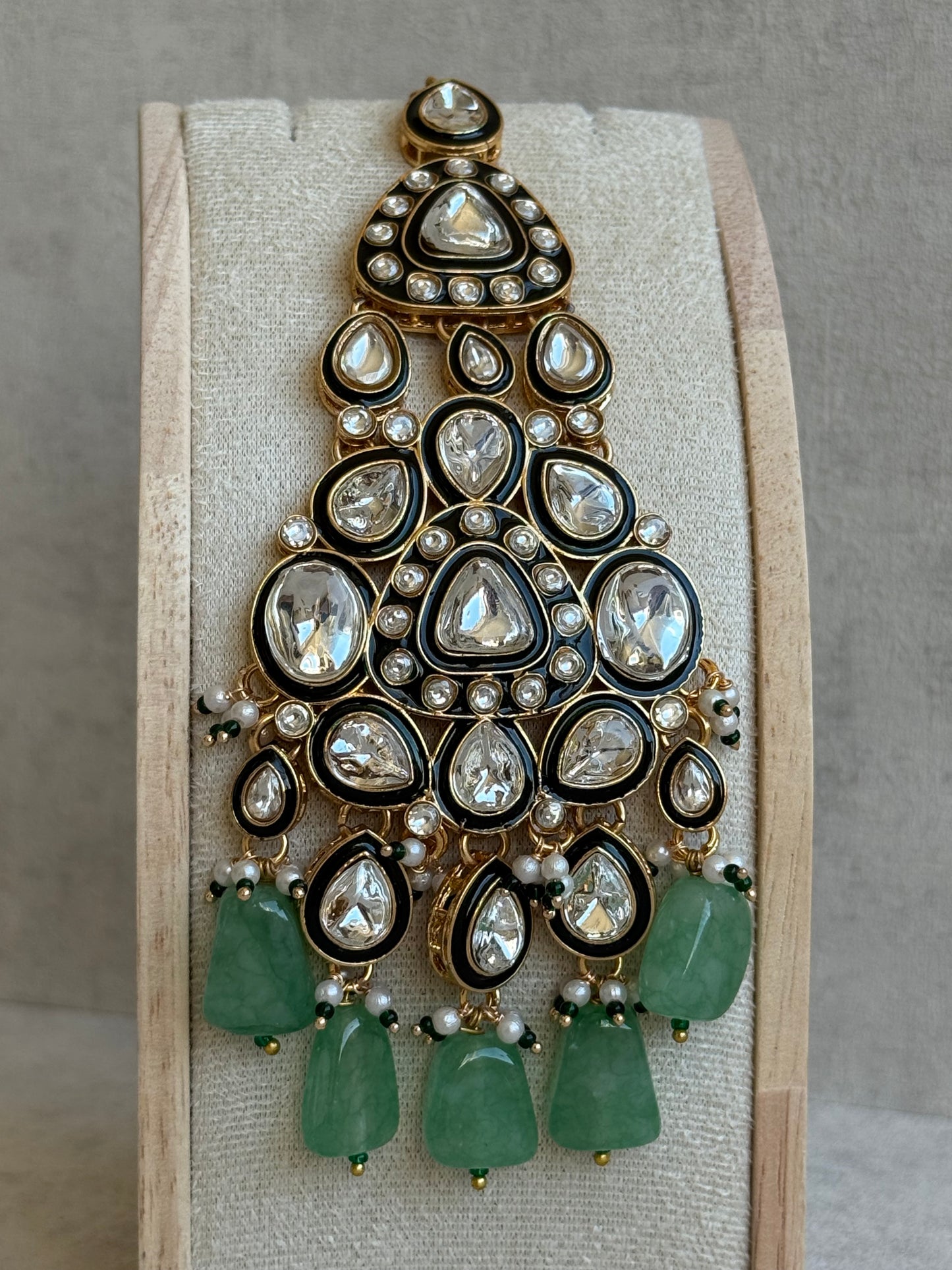 Ayura Designs Sumaira Set with Passa – Necklace, Earrings, Tikka & Passa with Kundan, Green Meenakari Detailing & Jade Green Drops