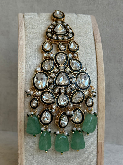 Ayura Designs Sumaira Set with Passa – Necklace, Earrings, Tikka & Passa with Kundan, Green Meenakari Detailing & Jade Green Drops