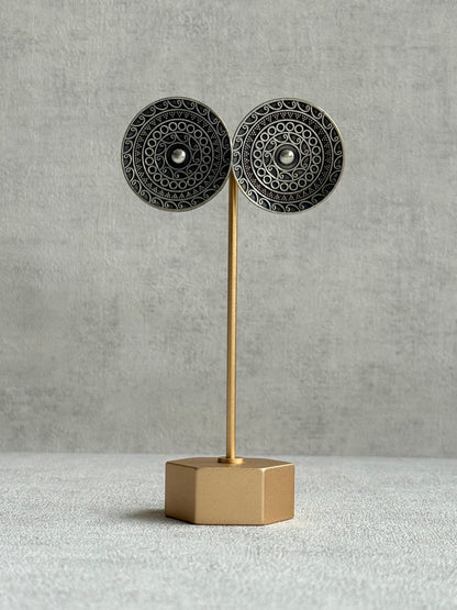 Ayura Designs Moksha Earrings – Oversized Oxidised Disc Stud Earrings with Intricate Cutwork Detailing