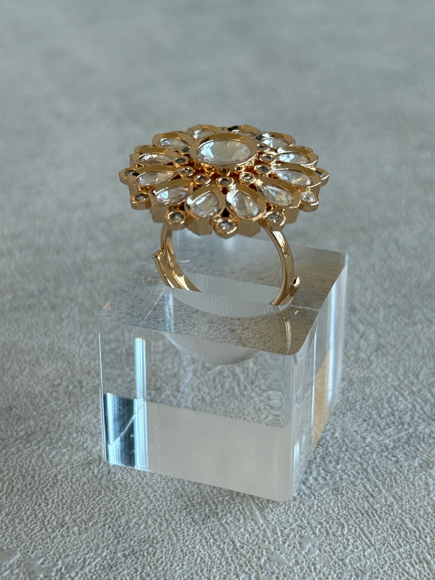 Ayura Designs Luisa Adjustable Ring – Crystal Centre Stone with Crystal Petal Detailing