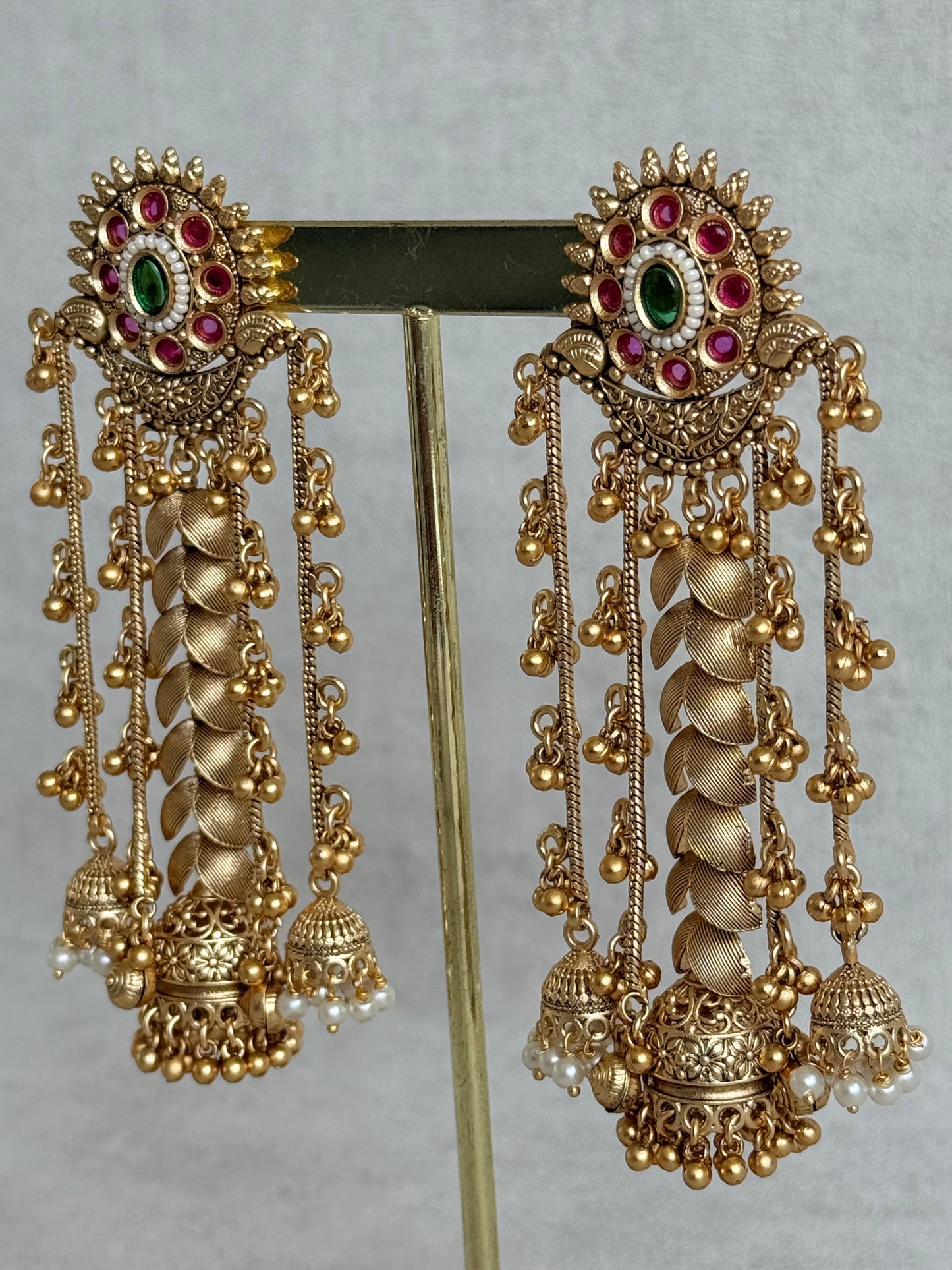 Ayura Designs Ishya Jhumkis – Gold Ghungroo Chain Earrings with Ruby Pink & Green Kundan
