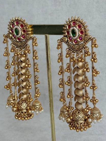 Ayura Designs Ishya Jhumkis – Gold Ghungroo Chain Earrings with Ruby Pink & Green Kundan