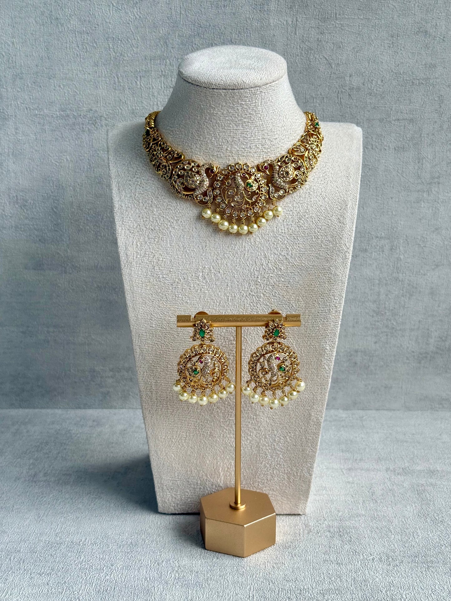 Ayura Designs Vedya Set – Antique Gold Peacock Necklace with Kundan, Emerald & Pearl Detailing