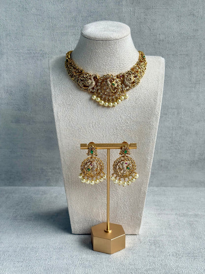 Ayura Designs Vedya Set – Antique Gold Peacock Necklace with Kundan, Emerald & Pearl Detailing