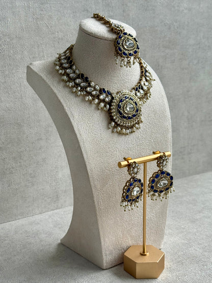 Ayura Designs Warda Set with Earrings & Tikka – Ink Blue Ovals, Mirror-Cut Stones & Ivory Pearls