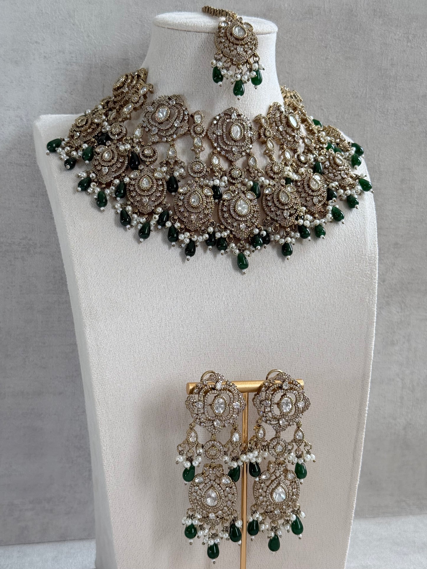 Ayura Designs Fazal Set with Necklace, Earrings & Tikka – Emerald Green Drops, Pearl Detailing & Moissanite Stonework