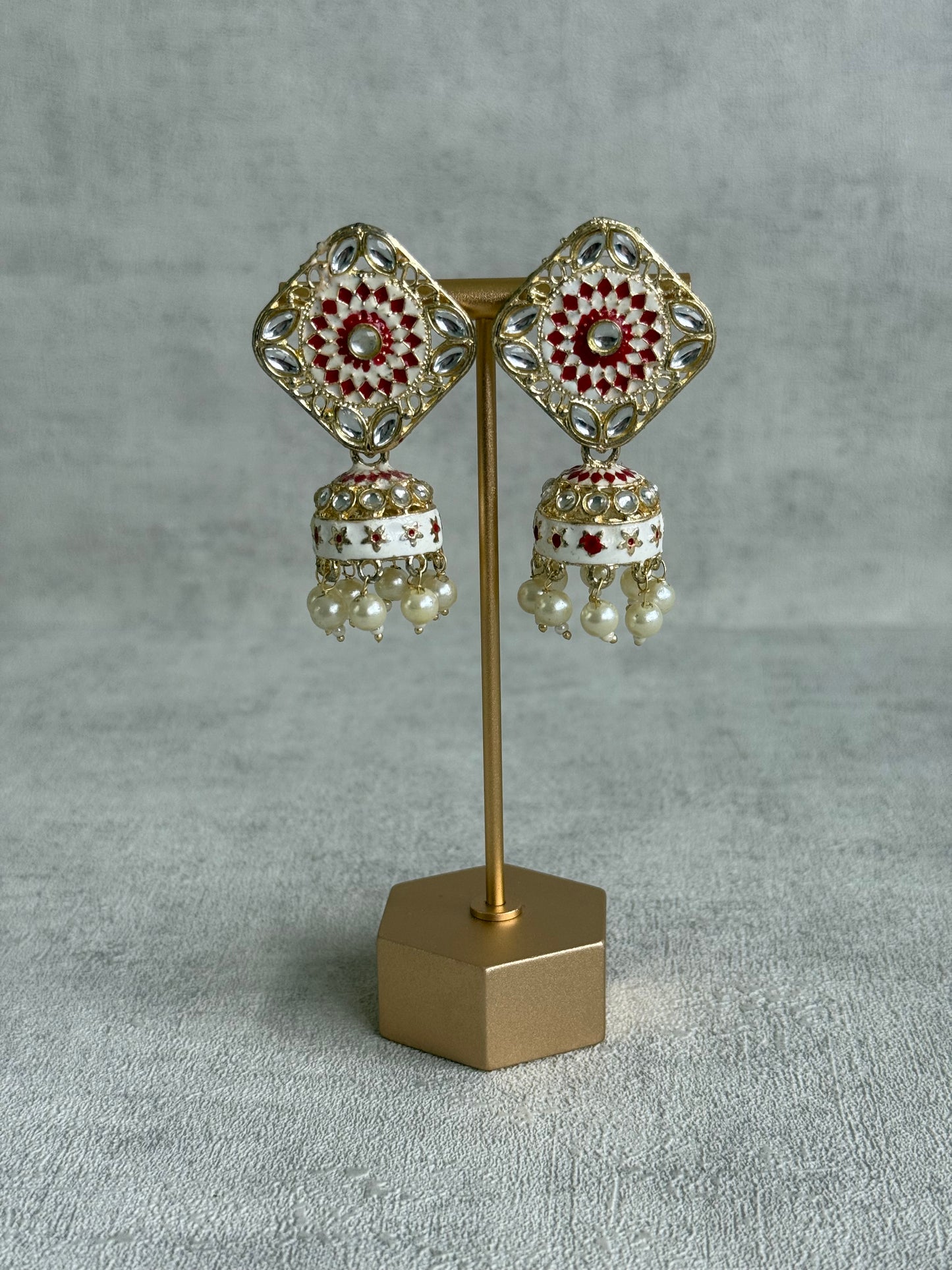 Ayura Designs Rangoli Jhumkis – Ivory & Ruby Red Meenakari with Pearl Drops in Antique Gold Finish