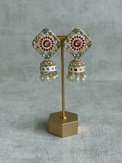 Ayura Designs Rangoli Jhumkis – Ivory & Ruby Red Meenakari with Pearl Drops in Antique Gold Finish