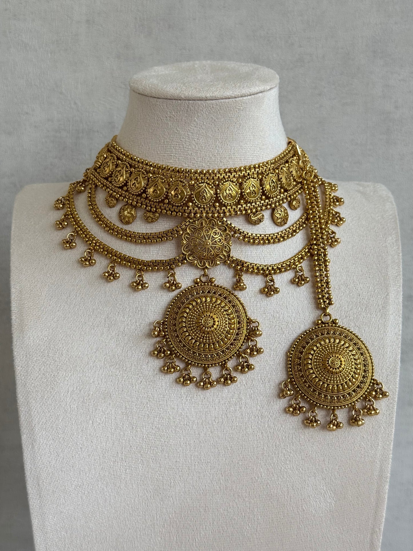 Ayura Designs Subha Choker Set with Earrings & Passa – Antique Gold Engraved Medallions, Layered Chains & Ghungroo Drops