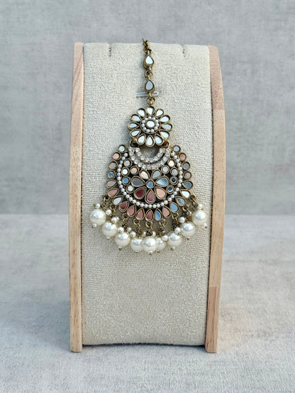 Ayura Designs Sheesha Tikka Set with Earrings – Antique Gold Mirror Detailing with Pearl Drops