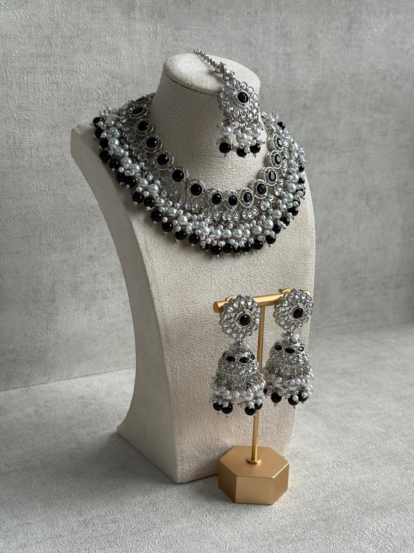 Ayura Designs Barira Set – Necklace, Jhumkis & Tikka with Black Stones, Pearls & Antique Silver Finish