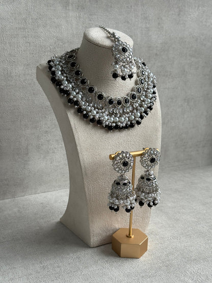Ayura Designs Barira Set – Necklace, Jhumkis & Tikka with Black Stones, Pearls & Antique Silver Finish