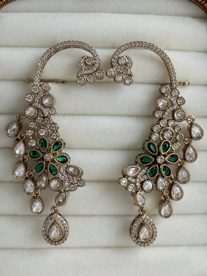Ayura Designs Aksara Kaanphool Earrings – Emerald Green Stones, Kundan, Crystals & Antique Gold Finish