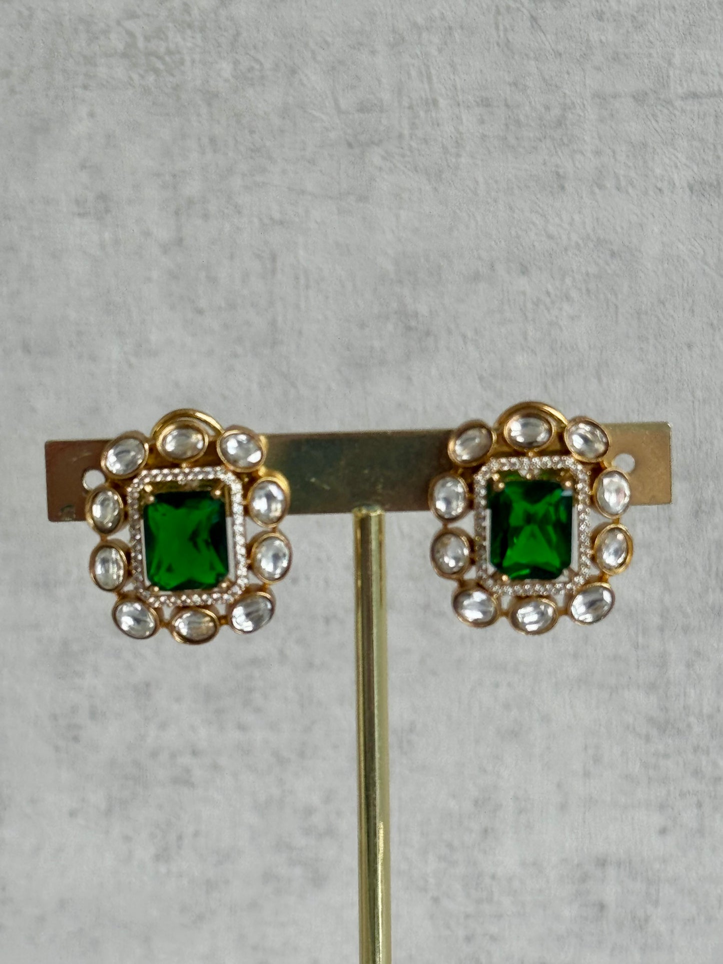 Ayura Designs Akasha Choker Set with Stud Earrings – Emerald Green Moissanite Stones & Antique Gold Finish
