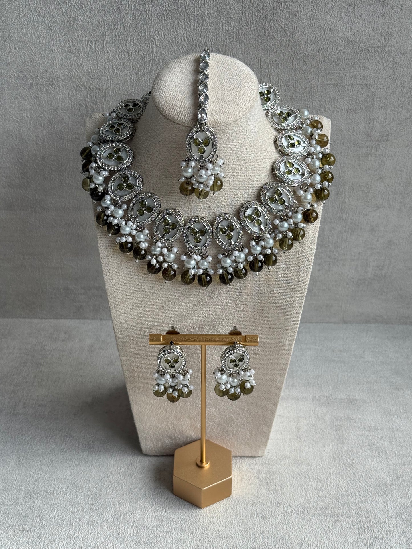Ayura Designs Linza Set – Necklace, Earrings & Tikka in Olive Green & Pearl with Silver Finish